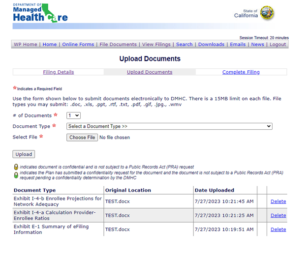 Screenshot of Upload Documents page with list of uploaded documents.